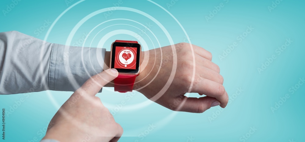 Poster composite image of cropped image of man using smart watch