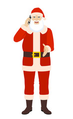 Santa Claus talking on the mobile phone and gives a hand for a handshake