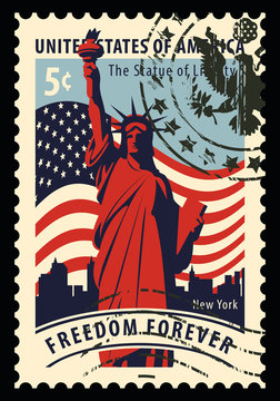 Postage stamp with statue of Liberty in background of american flag and New York skyscrapers. Vector illustration of a 5-cent USA stamp with a rubber stamp and words freedom forever.
