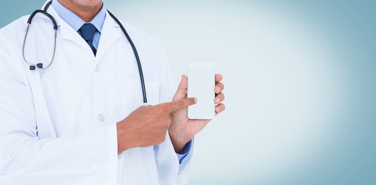 Midsection Of Male Doctor Pointing On Mobile Phone