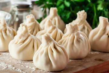 Raw Georgian dumplings - Khinkali (Chinkali) with minced meat and herbs