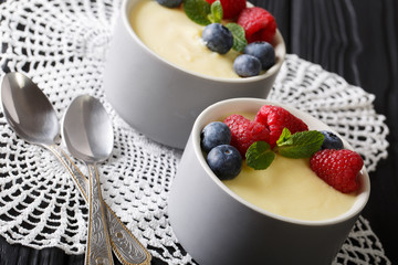 Homemade vanilla pudding with fresh berries close-up. horizontal