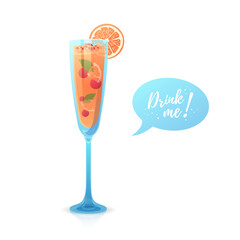 Design a banner with a chrismas cocktail Drink me. Illustration with a glass of new year alcoholic Campari or or champagne with berries and fruits. Vector.