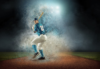 Baseball player in dynamic action around splash drops under stad