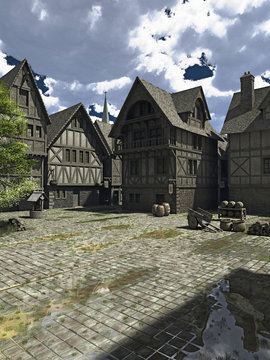 Illustration of a town square in the centre of a Medieval or fantasy style European town with church spire in the distance, 3d digitally rendered illustration