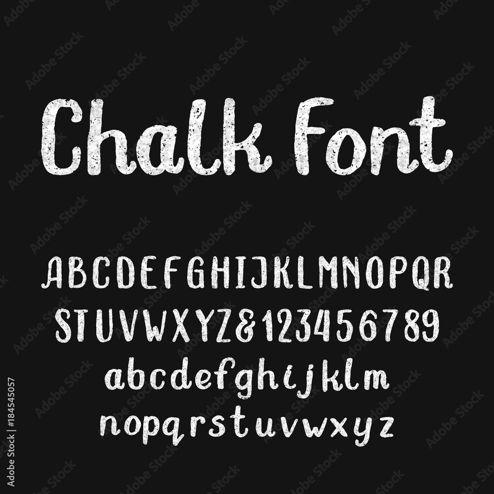 Poster chalk alphabet font. hand drawn type letters and numbers on a dark background. stock vector typeface
