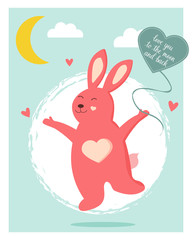 Card with Funny rabbit in love with heart balloon