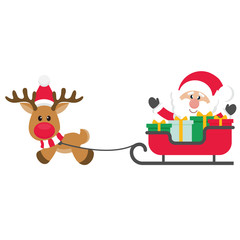 cartoon christmas deer vector with sleigh and santa claus vector