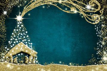 Christmas Nativity Scene and tree greetings cards - obrazy, fototapety, plakaty