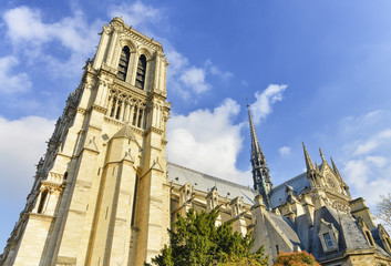 Notre Dame Cathedral facade in autumn season, Paris - France