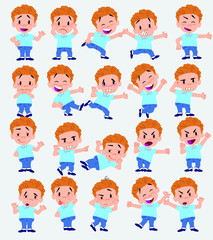 Cartoon character of a blond boy in jeans. Set with different postures, attitudes and poses, doing different activities in isolated vector illustrations.