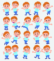 Cartoon character of a blond boy in jeans. Set with different postures, attitudes and poses, doing different activities in isolated vector illustrations.