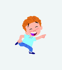 Blond boy in jeans running smiling.
