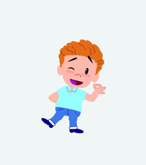 Blond boy in jeans doing the OK sign with his hand.