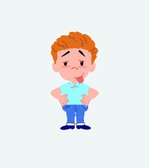 Blond boy in jeans in waiting attitude with funny expression.