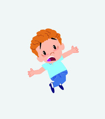 Blond boy in jeans very alarmed takes the hands to the head.