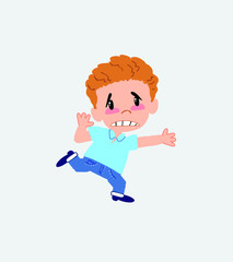 Blond boy in jeans runs alarmed.
