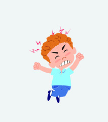 Blond boy in jeans jumps angry.