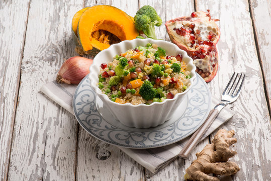 quinoa salad with mixed vegetables pomegranate and ginger