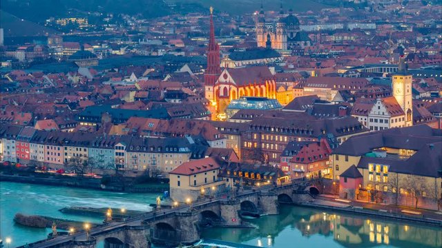 Wurzburg (W&uuml;rzburg) aerial night cityscape. Time lapse