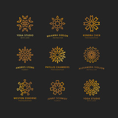 Obraz na płótnie Canvas Set vector design logo with swirl element in luxory style. Abstract sign for identity, shop or business. Elegant line gold symbol flower style for boutiqu, beauty salon or personal concept identiy.