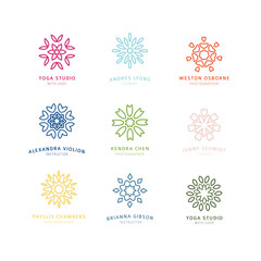 Set vector template design colored logo with swirl decoration element. Abstract sign for personal identity.  Abstract elegant line flower circle symbol for yoga, organic or personal concept.