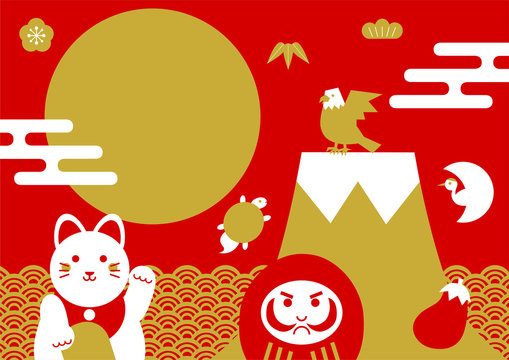 日本の縁起物のイラスト: 招き猫・鶴亀・だるま・一富士二鷹三茄子