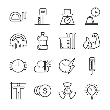 Unit Of Measurement Icon Set. Included The Icons As Miles, Meter, Tonne, Kilogram, Decibel, Degrees Celsius And More.