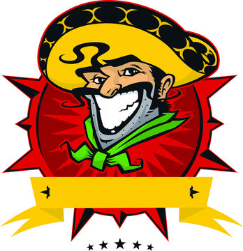 Logo of the Mexican restaurant. Character for Mexican cuisine. Vector flat illustration. Image is isolated on white background. Lovely smiling Mexican.