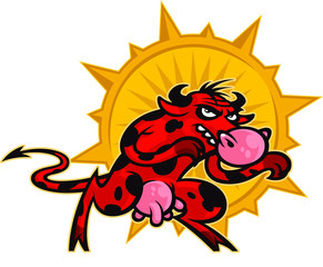 Cartoon cute cow. Illustration of a red aggressive bull. Image of a character isolated on white background. Funny animal mascot. The cow is a bully. The bull is a boxer.