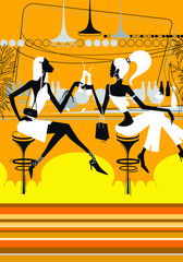 Two beautiful girls drink cocktails in a nightclub. Glamorous young women are sitting in a bar. Illustration for background. Image for printing, banner or website.
