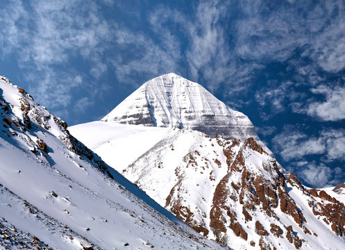 Sacred mount Kailash on blue sky background in Tibet, China