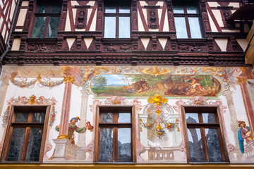 Peles castle, Sinaia, Romania. Inner courtyard painted walls
