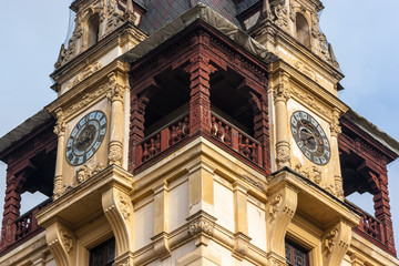Peles castle, Sinaia, Romania.Overcast on a beautiful autumn day.Clock tower detailed view