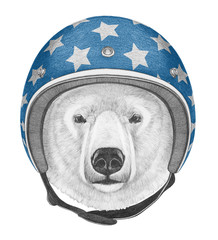 Portrait of Polar Bear with helmet, hand-drawn illustration