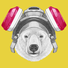 Portrait of Polar Bear with gas mask, hand-drawn illustration