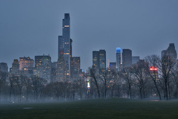 Rainy foggy winter night at Central Park