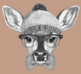 Portrait of Hipster, portrait of Fawn with sunglasses, hat and bow tie, hand-drawn illustration