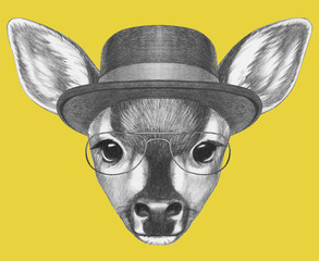 Portrait of Fawn with hat,  hand-drawn illustration