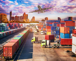 Business Logistics concept, plane, truck and train for Logistic Import Export with skyscraper backgrounground.