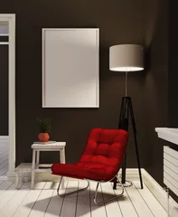 Tapeten Sessel mit rotem Polster und Pflanze sowie Bilderrahmen vor brauner Wand  © Mediaparts
