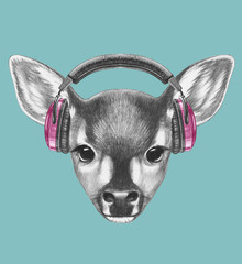 Portrait of Fawn with headphones, hand-drawn illustration