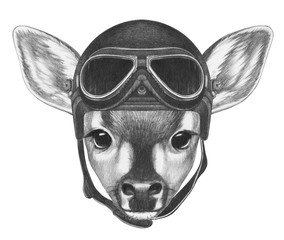 Portrait of Fawn with vintage helmet,  hand-drawn illustration