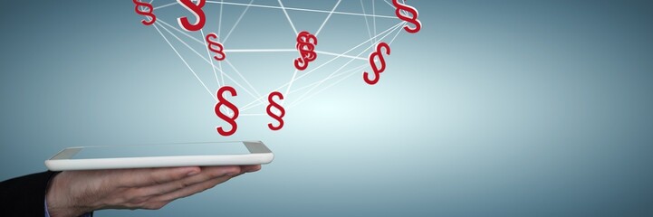 Composite image of cropped hand on businessman holding digital