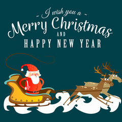 santa claus in a red hat and jacket, with a beard rushes in a sleigh chasing his reindeer, marry of christmas and happy new year vector illustration