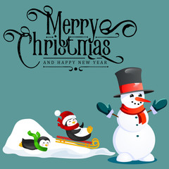 Snowman in black hat and gloves, red scarf tied around neck, nose from the carrot, penguins ride from snow hill on sleigh, marry christmas happy new year vector illustration