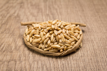 Oat cereal grain. Paper rope around grain. Selective focus.
