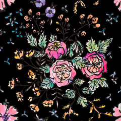 Watercolor floral hand drawn colorful bright seamless pattern