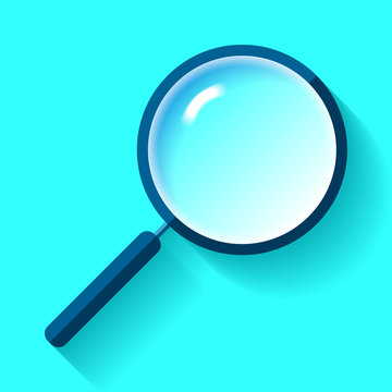 Search loupe icon in flat style, magnifying glass on color background. Vector design object for you project 