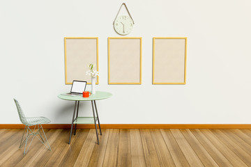 Mock up poster with vintage workplace minimalism interior background, 3D rendering.